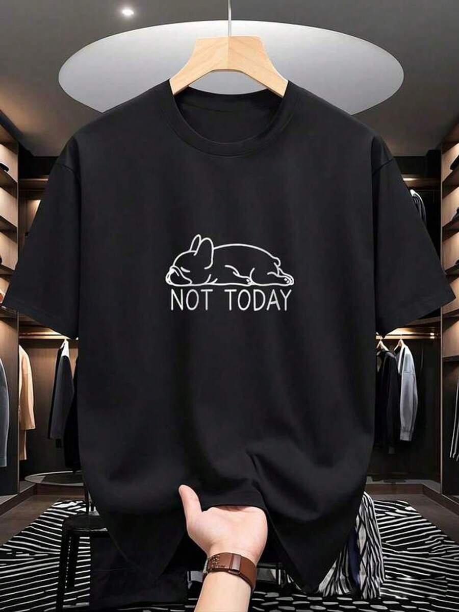 Short-Sleeved T-Shirt With A Round Neck, Women's Blouse, Casual And Versatile Style For Summer. Lazy Dog Print, Soft And Breathable Fabric, Very Easy To Match And Fashionable. - 黑色 - 查看 1