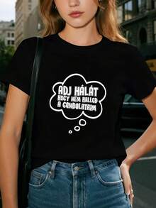 Women's T-Shirt With "Hungarian Pretend You Do Not Hear My Thoughts" Letter Print, Short Sleeves, Round Neck, Casual Top For Spring And Summer, Women's Clothing. Casual Women's T-Shirt With Print, Short Sleeves, And Round Neck, Local Spring/Summer Streetwear. - 黑色 - 查看 6
