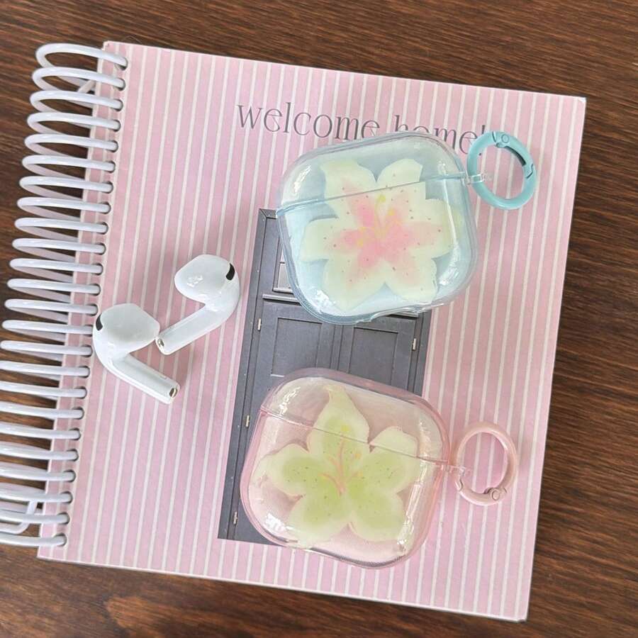 春意盎然半透明粉蓝百合花挂饰耳机保护套，兼容苹果4、3、Pro、第二代、第一代，男女皆宜的时尚耳机保护套