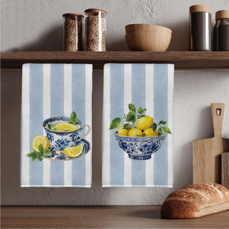 2 buah Handuk Dapur Motif Bunga Biru & Putih Lemon Afternoon Tea, Latar Belakang Bergaris, Handuk Dapur Serat Super Lembut Persegi Panjang, Kain Lap Piring, Kain Pembersih, Handuk Tangan, Handuk Teh untuk Memasak & Memanggang, Dekorasi Dapur, Hadiah Pindah Rumah & Ulang Tahun, Tisu Pembersih Kamar Mandi, Handuk Dekoratif - MultiWarna - View 1