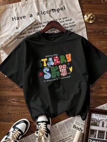 Starry Sky T-Shirt With Checkered Lettering,  Short-Sleeved T-Shirt For Spring/Summer 2026, Made In Mexico, 180 Grams. Cartoon Print, Couple Design, Suitable For Indoor Or Outdoor Wear. Crew Neck, Unisex, Ideal For The Office And Leisure. One-Pack. - BK-P631577SLNDXZGY584 - 查看 4