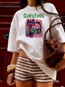 Purple Cat T-Shirt With Art Style And "Gorgeous" Text, Fashionable Short-Sleeve T-Shirt For Spring/Summer 2026, Made In Mexico, 180 Grams. Cartoon Print, Couple Design, Suitable For Indoor Or Outdoor Wear. Crew Neck, Unisex, Ideal For Office And Leisure. One-Pack. - WH-P631577SLNDXZGY612 - 查看 4