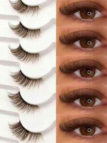 7 Pairs Brown Half-Strip Eyelashes, Cat Eye Effect, Fluffy & Soft, Transparent Lash Band, Natural & Lengthening, Comfortable Reusable, Suitable For Daily Wear, Travel, Party Gift - View 1