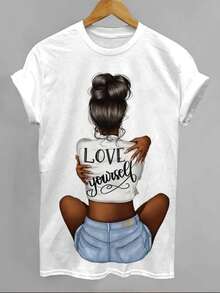 Camiseta Deportiva Casual para Mujer con Ilustración Digital de Mujer de Piel Oscura y Recogido Alto - Camiseta Elástica de Cuello Redondo, Lavable aáquina, Confortable y Apta para Todas las Estaciones, para el Ocio y el Deporte. - Blanco - Ver 7
