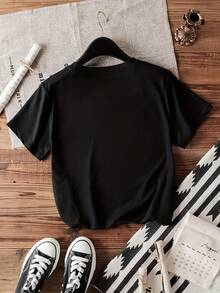 Casual Letter Print T-Shirt, Short Sleeve, Round Neck, Casual Top For Summer And Spring, Women's Clothing, 100% Cotton, Durable - 黑色 - 查看 2