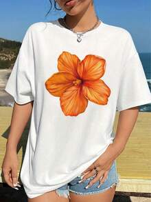 Women's T-Shirt With Colorful Floral Print, Round Neck T-Shirt, Printed T-Shirt For Women, Casual Short Sleeve T-Shirt For Spring And Summer, Printed T-Shirt For Women, Women's Clothing, Tops For Women. - 白色 - 查看 1