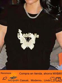 Women's T-Shirt, Elegant Women's T-Shirt With All-Over Cartoon Print, Plus Size, Short Sleeve, Round Neck, Casual Urban Style, Fashionable Women's T-Shirt, Perfect For Autumn Outings, High Quality, Breathable And Elastic, Soft And Comfortable Clothing, Women's Going-Out T-Shirts - 黑色 - 查看 12