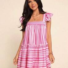 Vestido corto de mujer de gasa con mangas de avión, adecuado para vacaciones de primavera/verano - Rosa - Ver 8