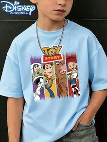 [Authorized] Toy Story Print Disney Girls' Summer Round Neck Casual T-Shirt For Children, Slightly Stretchy Fabric, Suitable For Birthday Gifts, Suitable For Daily Sports And Travel, Summer Girls' T-Shirts - Màu xanh nhạt - Xem 1