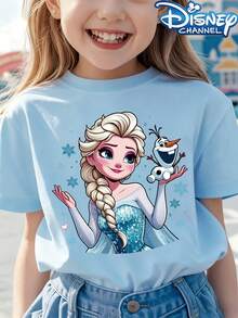 [Authorized] Frozen Princess Elsa Print Disney Girls' Summer Round Neck Casual T-Shirt For Children, Slightly Stretchy Fabric, Suitable For Birthday Gifts, Suitable For Daily Sports And Travel, Summer Girls' T-Shirts - Màu xanh nhạt - Xem 1