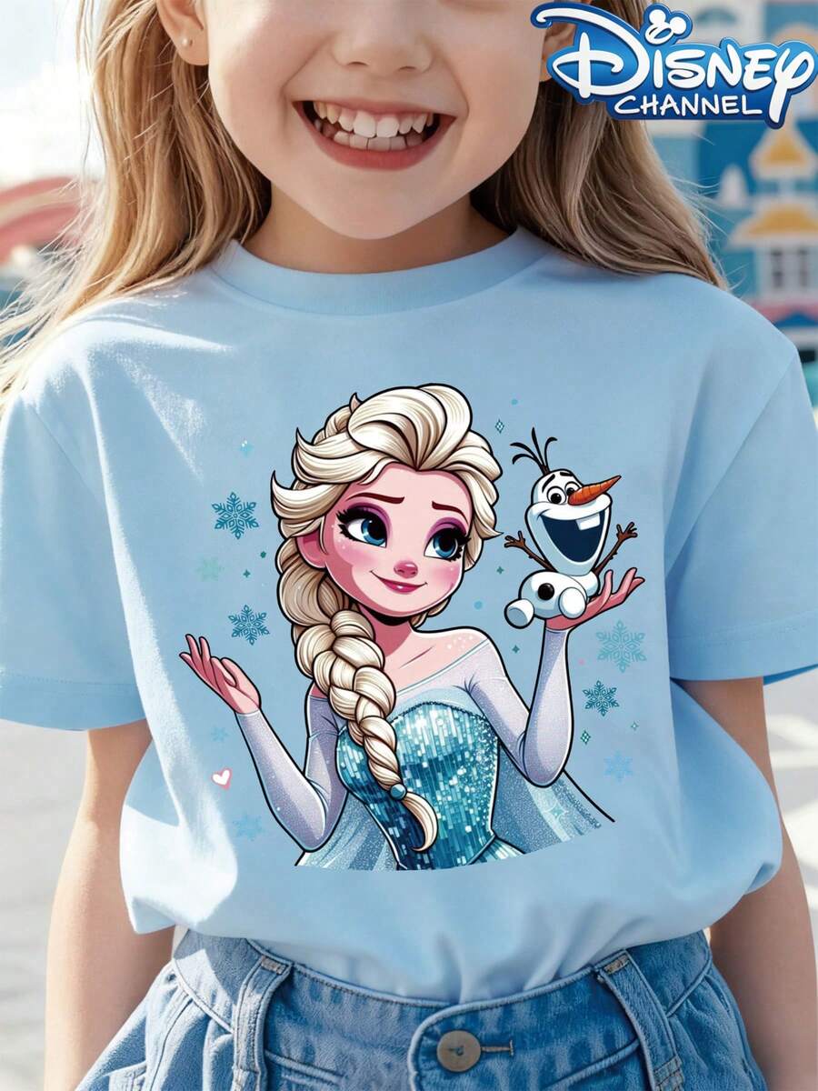 [Authorized] Frozen Princess Elsa Print Disney Girls' Summer Round Neck Casual T-Shirt For Children, Slightly Stretchy Fabric, Suitable For Birthday Gifts, Suitable For Daily Sports And Travel, Summer Girls' T-Shirts - Màu xanh nhạt - Xem 1