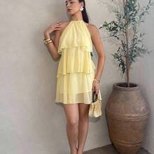 Vestido mini de gasa con hojas de loto en cascada de color rojo sólido, adecuado para citas diarias, salidas nocturnas, discotecas, fiestas, reuniones, fiestas de cóctel, fiestas en la piscina, ropa de vuelta al colegio, vestidos de temporada escolar, vestidos de vacaciones, faldas de tutú, ropa bohemia para mujer y fiestas - verde menta - Ver 5