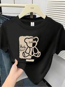 1pc Camisetas Para Mujer Camiseta única Hello Bear estilo y2k diseño moderno en color negro destaca con su adorable gráfico de osito perfecta para tu look diario ideal para fanáticos de la moda urbana y  actuales disponible en talla S a L, no te quedes sin la tuya Camiseta De Manga Corta De Algodón - Negro - Ver 6