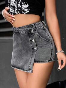 PETITE Short vaquero sexy con bolsillo frontal, cruce de cintura y abotonado para mujer - Gris Claro - Ver 5