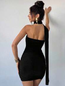 Nuevo vestido mini elegante, sexy y seductor de malla negra y roja con pliegues en la cintura, escote sin tirantes y dobladillo con lazo, ideal para la temporada de bodas, festivales de música, vuelta al colegio, vacaciones y eventos de fiesta y cóctel - Negro - Ver 2