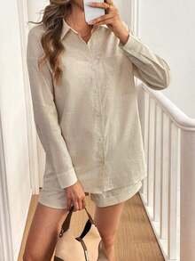 Conjunto informal de camisa y pantalones cortos de algodón con bolsillo y comodidad - Albaricoque - Ver 5