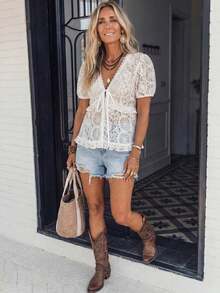 Blusa blanca de mujer con escote en V de encaje transparente, mangas abullonadas y decoración de volantes en el bajo, top casual de verano - Blanco 2 - Ver 10
