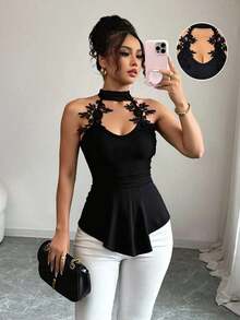 Blusa de mujer elegante de moda nueva para el verano con decoración de encaje bordado, cuello en V, bajo irregular sin mangas, silueta ajustada, adecuada para vacaciones, citas, actividades diarias, fiestas - Negro - Ver 1
