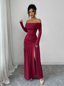 Vestido de punto ajustado de manga larga con hombros descubiertos, elegante y vintage, adecuado para otoño/invierno, Halloween - Burdeos - Ver 3