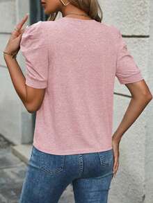 Selamara Camiseta casual de verano para mujer, de unicolor, cuello redondo y manga abullonada - Rosa - Ver 2