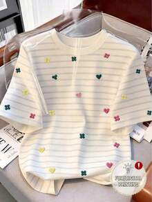 Camiseta de mujer con cuello redondo, estampado de rayas y bordado floral de contraste - Multicolor 4 - Ver 5