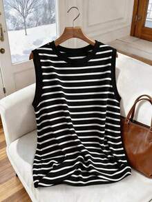 Chaleco sin mangas de mujer de talla grande, casual, de cuello redondo y con estampado de limón, de hombros anchos - Blanco y Negro - Ver 1
