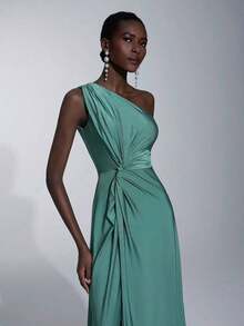 Vestido holgado de dama de honor de línea A con un hombro, de tela elástica tejida de color verde romántico y elegante - Verde - Ver 5