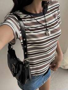 Camiseta de mujer de manga corta, cuello redondo y rayas, informal, para otoño - Café integral - Ver 5