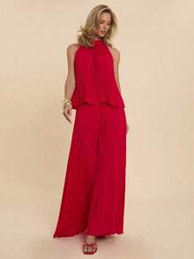 Top sin mangas plisado elegante para mujer, versátil para citas, ir al trabajo, y todas las estaciones - Rojo - Ver 7