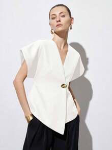 Chaqueta de mujer con cuello en V elegante, hombros anchos, bajo asimétrico, botones decorativos y mangas cortas, diseño minimalista y versátil para el uso diario - Blanco - Ver 6