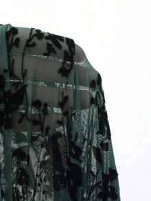 Blusa de manga corta con cuello cuadrado, fruncido y estampado floral de malla, top de verano lindo para mujer - Verde - Ver 8