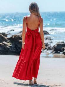 Vestido casual sin mangas con lazo para primavera y verano, atuendos de verano para mujer, vestidos de verano para mujer, atuendos de vacaciones, vestido de playa de verano para mujer, vestido de vacaciones estilo boho y fairycore, vestido sin esp - Rojo - Ver 7
