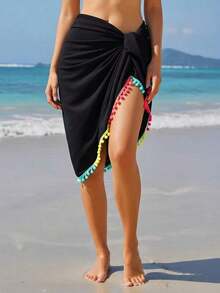 Falda mini tipo pareo con pompones y flecos, de estilo bohemio, para vacaciones en la playa - Negro - Ver 4