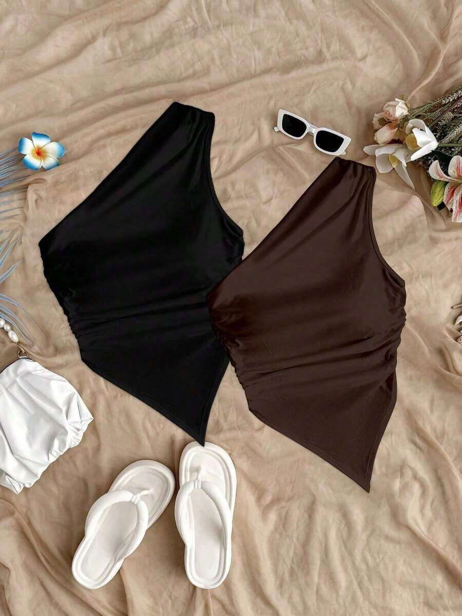 2 piezas de blusas de verano para mujer con dobladillo asimétrico y tirantes, color negro y rojo, adecuado para el verano - Multicolor 2 - Ver 1