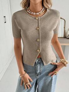 Cárdigan casual de mujer de manga corta, cuello redondo, con botones delanteros, de unicolor y delgado - Café integral - Ver 7