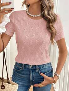 de mujer de manga corta, de cuello redondo, con bordado calado, de unicolor simple, para el verano - Rosa - Ver 1