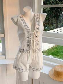 Conjunto de 2 piezas de estilo bohemio y veraniego con estampado floral blanco tejido - Blanco 2 - Ver 3
