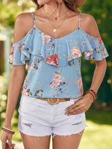Blusa casual de verano con estampado floral y volantes en el bajo - Celeste - Ver 4
