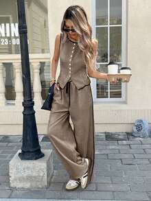 Conjunto de 2 piezas de top tipo camiseta y pantalones de verano casuales con ribete en contraste para mujer - Caqui - Ver 3
