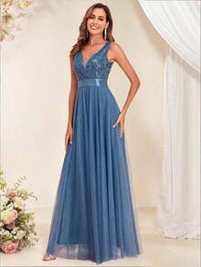 Vestido de dama de honor formal de línea A con escote en V sin mangas, bordado y de malla, vestido de fiesta elegante, vestido de invitado de boda formal, vestido de ceremonia de graduación, vestido de noche de primavera - Niebla azul - Ver 9