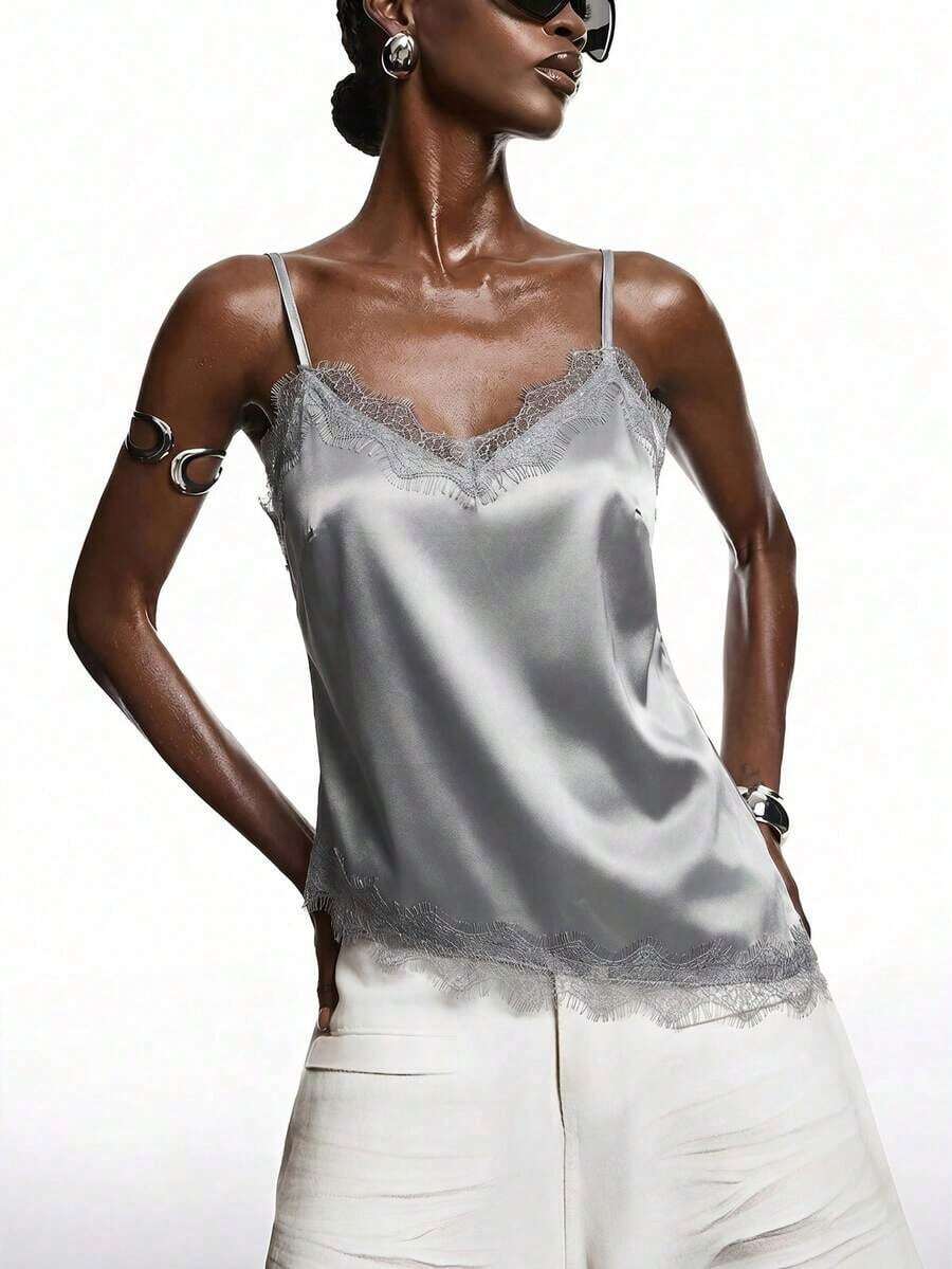 2026 Nueva blusa de satén brillante con encaje gris minimalista de primavera, camisola con adorno de encaje elegante adecuada para primavera/verano; camisa elegante adecuada para fiesta, primavera, Navidad, Año Nuevo; blusa de camisola de satén eleg - Gris - Ver 1