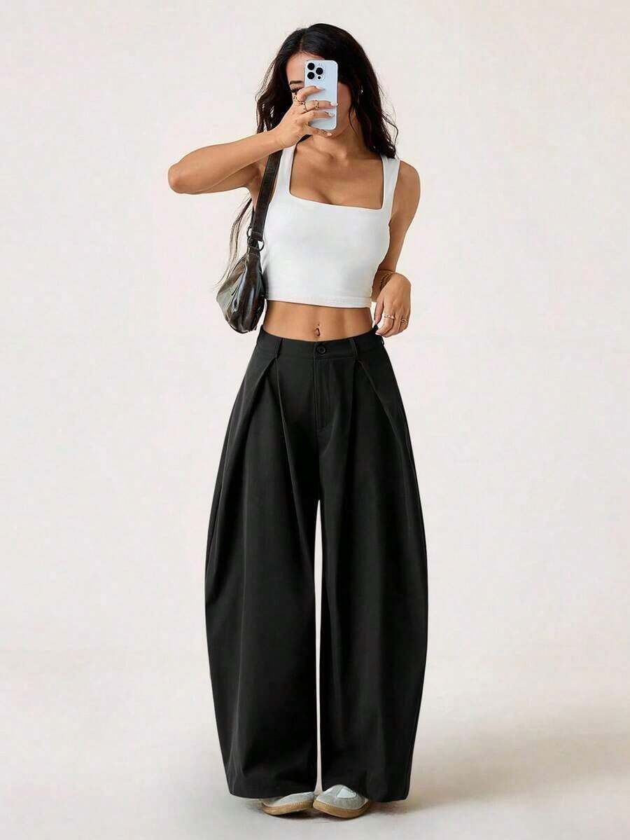 Pantalones anchos de verano con dobladillo curvo verde, estilo vintage, casual y para salir - Negro 3 - Ver 1