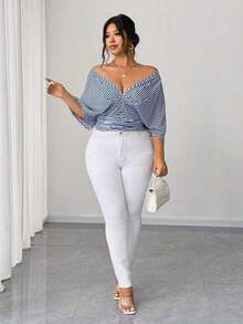 Vestido tipo camisa sin mangas a rayas azul de talla grande, cintura entallada, versátil y elegante - Azul 2 - Ver 4