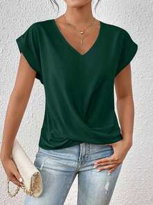 Frenchy Blusa Solida Con Mangas De Plumaje Y Tuerza En La Manga, Ideal Para La Primavera - Verde militar - Ver 4
