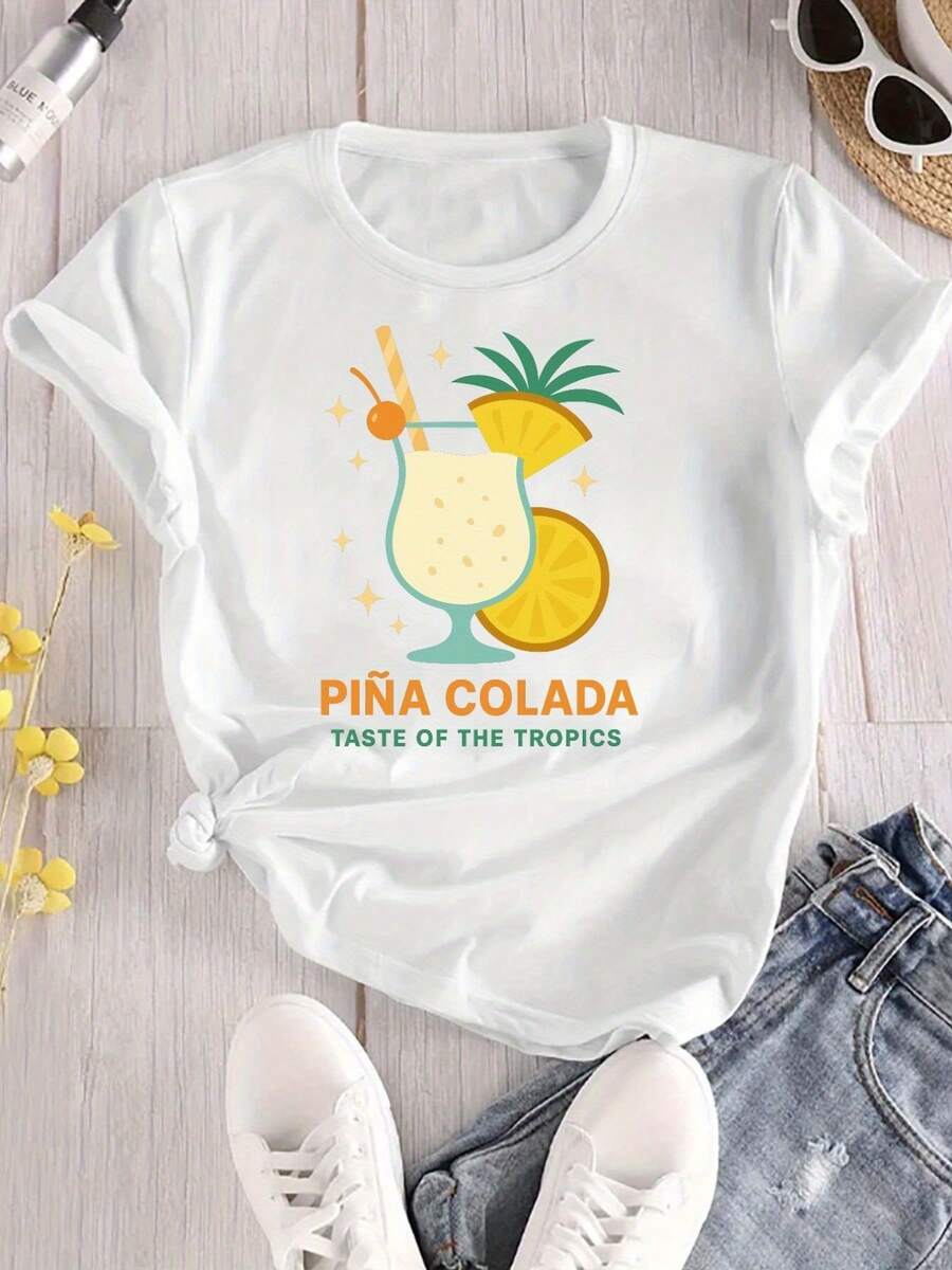 Women's Casual Short Sleeve T-Shirt - Tropical Pineapple And Coconut Cocktail Print Design " Colada A La Tropos", Loose Fit Crew Neck, Breathable Fabric Suitable For Beach Vacations And Summer Wear, Beach T-Shirt, Fun Printed Top, Machine Washable And Versatile For All Seasons. Elegant Party Outfit, T-Shirt For Stylish Ladies, Blouses Suitable For Curvy Women, Prom Skirts, Casual Wear. Adorable Animal Print, Fun Letter Print, Matches With Street Fashion - 白色 - 查看 1