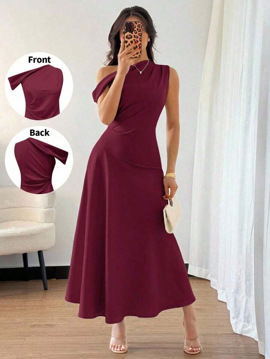 Vestido de cóctel elegante de estilo francés bohemio y chic con detalles de volantes, cuello asimétrico y silueta de línea A en color verde macaron, ideal para vacaciones, días festivos, graduación, citas - Rojo - Ver 1