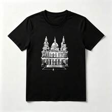Catedral Boceto Playera de Algodón Negro Estilo Arquitectónico Artístico - Negro - Ver 1