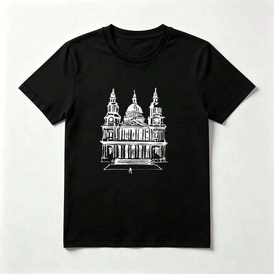 Catedral Boceto Playera de Algodón Negro Estilo Arquitectónico Artístico - Negro - Ver 1