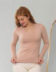 Set Of 2 Long Sleeve T-Shirts, Base Layer Blouses, V-Neck, Slim Fit, Workwear, Winter, Basic, Plain - Beige - View 6