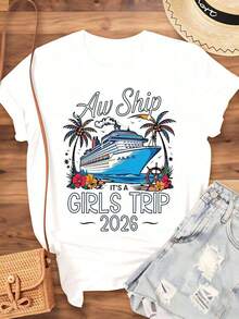 Women's Cotton T-Shirts Aw Ship Its A Girls Trip 2026, Women's Cruise T-Shirt, Tropical Design For Summer Vacation, Gift For Friends, Cruise Party Outfit, Women's Basic Blouses. - 白色 - 查看 3